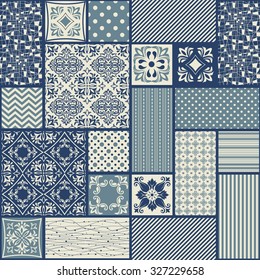 seamless patchwork tile with Victorian motives in blue and beige