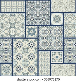 baldosas impecables con motivos victorianos en azul y beige