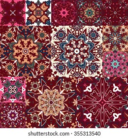 seamless patchwork tile with Victorian motives in blue and beige