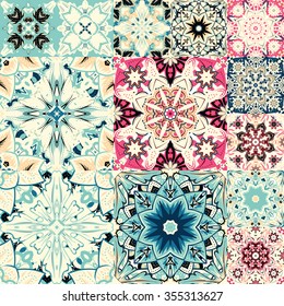 seamless patchwork tile with Victorian motives in blue and beige