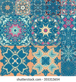 seamless patchwork tile with Victorian motives in blue and beige