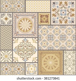 seamless patchwork tile with Victorian motives in retro colors