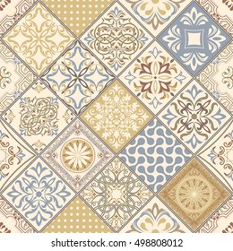 Seamless patchwork tile with Victorian motives in retro colors. Vector illustration.