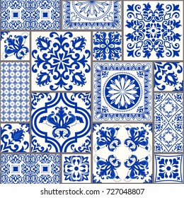 Seamless patchwork tile with Victorian motives. Majolica pottery tile, blue and white azulejo, original traditional Portuguese and Spain decor