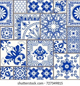 Seamless patchwork tile with Victorian motives. Majolica pottery tile, blue and white azulejo, original traditional Portuguese and Spain decor. vector