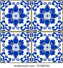 Seamless patchwork tile with Victorian motives. Majolica pottery tile, blue and white azulejo, original traditional Portuguese and Spain decor