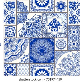Seamless patchwork tile with Victorian motives. Majolica pottery tile, blue and white azulejo, original traditional Portuguese and Spain decor. Vector