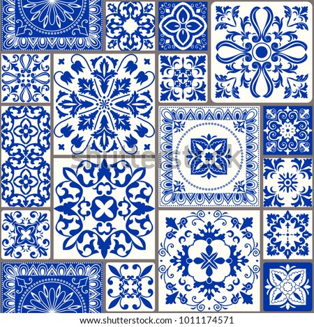 Seamless patchwork tile with Victorian motives. Majolica pottery tile, blue and white azulejo, original traditional Portuguese and Spain decor. Vector illustration