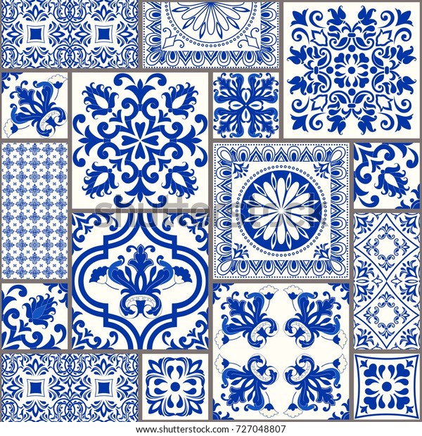 Seamless patchwork tile with Victorian motives. Majolica pottery tile wallpaper design.
