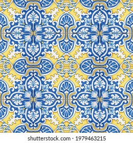 Seamless patchwork tile, Yellow and Blue. Cementine pattern. Italy Portuguese and Spain decor. Bathroom. Ceramic tile Interior Design. Vector illustration. Architecture. Mediterranean.