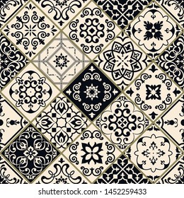 Seamless patchwork in turkish style. Hand drawn background. Azulejos tiles patchwork in black and beige. Portuguese and Spainish decor. Islam, Arabic, Indian, Ottoman motif 