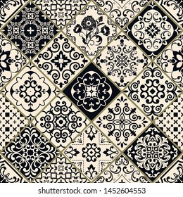 Seamless patchwork in turkish style. Hand drawn background. Azulejos tiles patchwork in black and beige. Portuguese and Spainish decor. Islam, Arabic, Indian, Ottoman motif 