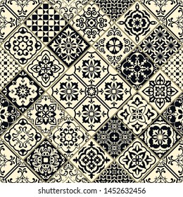 Seamless patchwork in turkish style. Hand drawn background. Azulejos tiles patchwork in black and beige. Portuguese and Spainish decor. Islam, Arabic, Indian, Ottoman motif 