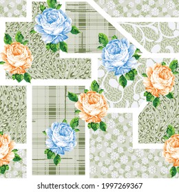 seamless patchwork vector flower Pattern on green background