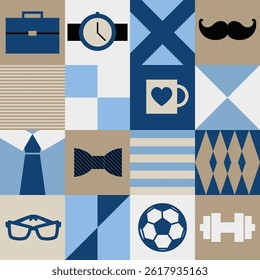 Seamless patchwork vector pattern with Fathers Day symbols like ties, glasses, and tools in a bold masculine palette.