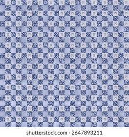 Motif harmonieux de style patchwork, mêlant délicats motifs floraux, carreaux de vichy et noeuds en ruban aux teintes douces bleues et lavandes. Ce design cosy et nostalgique est idéal pour les impressions de tissus,