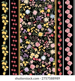 Seamless patchwork-style pattern featuring a rich dark background with a central arrangement of wildflowers and botanical elements, combined with vertical decorative borders of lemons, cherries, strawberries, and roses. The contrast of vibrant pastel florals against the dark base creates an elegant and premium look. Perfect for kitchen textiles, table linen, fabric, wallpaper, and coordinated home decor collections. Ideal for sophisticated spring and summer themes