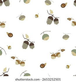 Padrão sem costura com bolotas sobre fundo branco. Ilustração de queda de vetor
