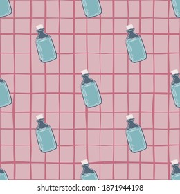 Seamless patern with apothecary medical bottles silhouettes. Blue ornament on pink chequered background. Perfect for fabric design, textile print, wrapping, cover. Vector illustration.