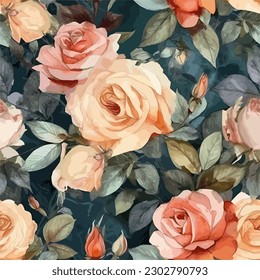 Seamless Patern of Beautiful Rose Flowers with green leaves in watercolor painting Style.