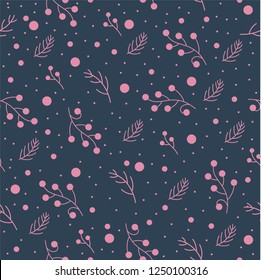 Seamless patern with beries, tree branches, fir twigs and spruce. 