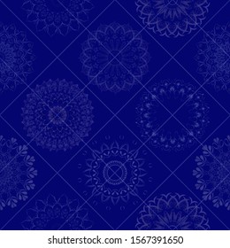
Seamless patern - blue background, prints - patterned lines, snowflakes, carved lace circles. Shades of blue. Greeting card, print on fabric, Christmas greetings.