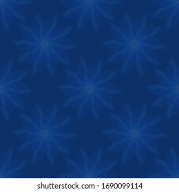 Patern sin inconvenientes - fondo azul, impresiones - líneas estampadas, flores abstractas. Tonos azules. Tarjeta de saludo, imprenta en tela, saludos de Navidad. Ilustración de patrón de vectores
