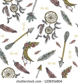 Seamless patern in boho style with tribal elements arrows and feathers