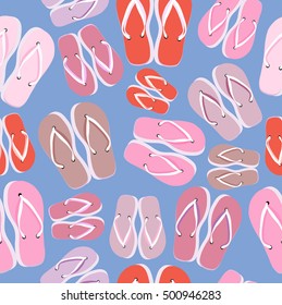 Seamless patern. Collection of pink flip-flops.