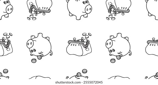 Seamless patern of contour drawings  piggy bank and old purse with coins, vector hand drawn background, paper