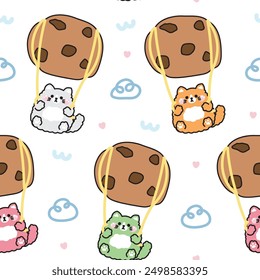 Seamless patern of cute cat parachute chocolate cookies shape cartoon hand drawn sky cloud background.Meow lover.Bakery,sweet,dessert.Pet animal character.Kawaii.Vector.Illustration.