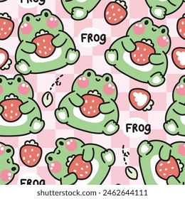 Seamless patern of cute frog with strawberry and leaf background.Reptile animal charatcer cartoon design.Image for card,baby product,print screen clothing.Kawaii.Vector.Illustration