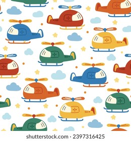 Seamless patern of cute helicopter cartoon on white background.Transportation.Sky,star,cloud hand drawn.Boy clothing print screen.Baby product.Kawaii.Vector.Illustration.Illustrator.