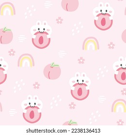 Seamless patern of cute rabbit eat peach with flower and rainbow on pastel pink background.Animal character cartoon.Baby clothing.Kid graphic design.Vector.Illustration.