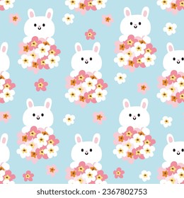 Seamless patern of cute rabbit with tiny flower on blue background.Rodent animal character cartoon design.Floral.Image for card,poster,baby clothing.Kawaii.Vector.Ilustration.