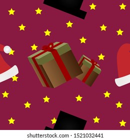 
seamless patern designs gift boxes, hats and stars. purple background. design for Christmas and ready to print.