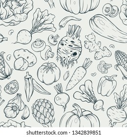 seamless patern of different vegetables. Natural fresh vegetables, label for market. Vegeterian set. Hand drawn sketch style