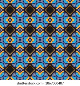 Seamless patern with ethnic ornament. Blue-yellow color palette with the addition of black. Vector illustration