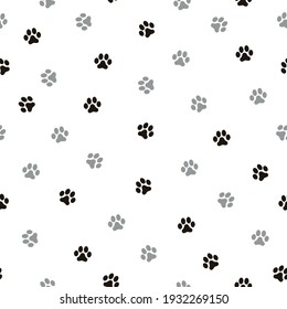 seamless patern footprints. white background. cute black and gray animal tracks. vector texture. print for textiles and wallpaper.