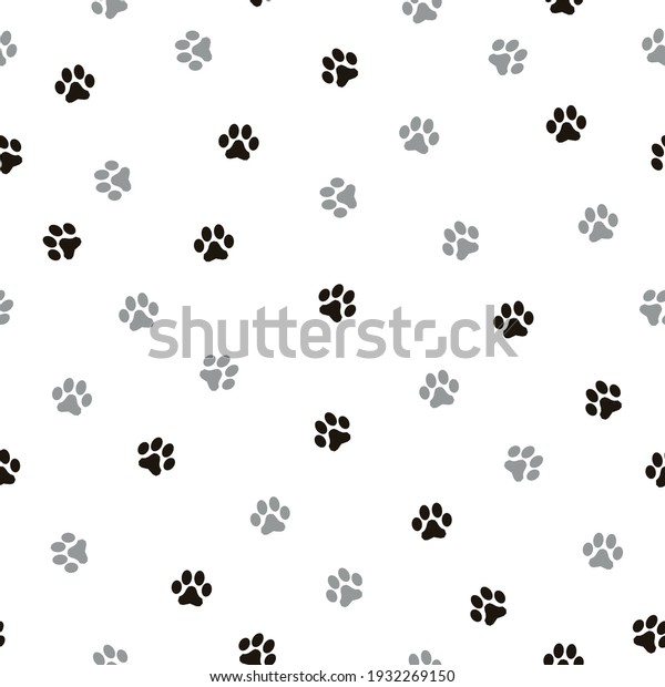 seamless patern footprints. white background.\
cute black and gray animal tracks. vector texture. print for\
textiles and\
wallpaper.