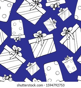 Seamless patern. Gift boxes of different shapes on a blue background. Gift outline. Vector. Suitable for covers, covers, gift paper