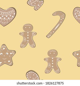 Seamless patern of gingerbread man, hearts, stars and gloves