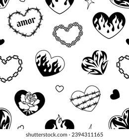 Seamless patern with gothic hearts in 2000s style. Emo goth tattoo flamed hearts  on white background. Chain hearts and barbed wire hearts vector seamless pattern for print fabric and textile design