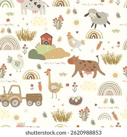 Padrão contínuo com animais de fazenda desenhados à mão, flores, nuvens e arco-íris. Ilustração vetorial com vaca, galinha, pintos, ovelhas e plantas.