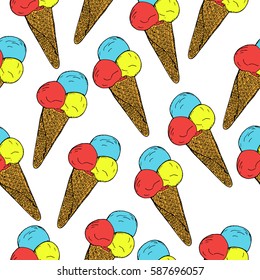 Seamless patern with hand drawn ice cream with waffle and big ice cream ball. Vector stock illustration. Sweet shop collection. Frozen yogurt.