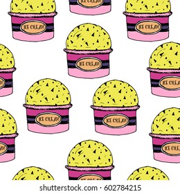Seamless patern with hand drawn ice cream with big ice cream ball. Vector stock illustration. Sweet shop collection. Frozen yogurt.