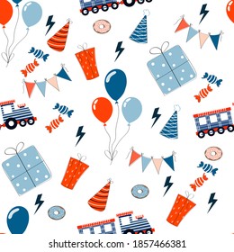 Seamless patern with holiday elements, balls, gifts.