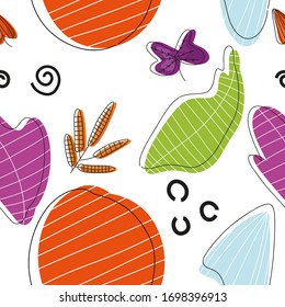 Seamless patern, illustration with leaves of different shapes and colors on a white background. Elements for the design of textiles, cards, t-shirts. Floral flat hand drawn Scandinavian style.