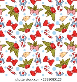 seamless patern in line art style in color, on the theme of christmas and new year, candy elements, bell, plants. Patern on a white background. For wrapping paper, dough