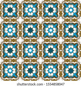 Seamless patern with an original ethnic ornament in gold, blue, brown and white colors. Stylized square elements. Vector illustration